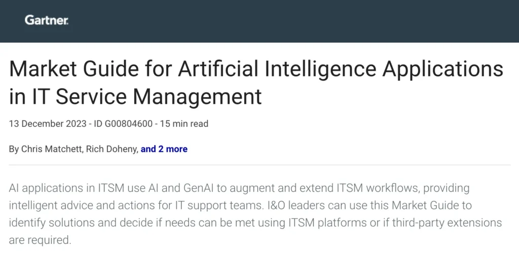 Gartner: Market Guide for Artificial Intelligence Applications in IT Service Management