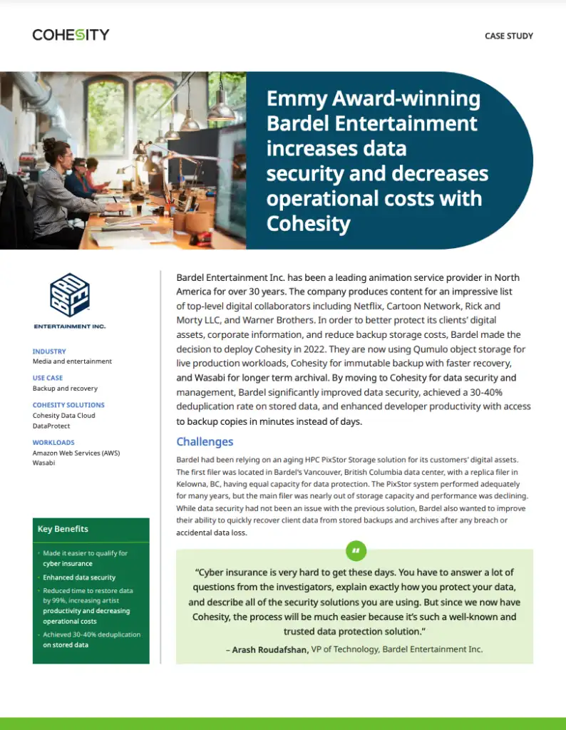 Bardel Entertainment chose Cohesity for data security and decreased restore time by 99%