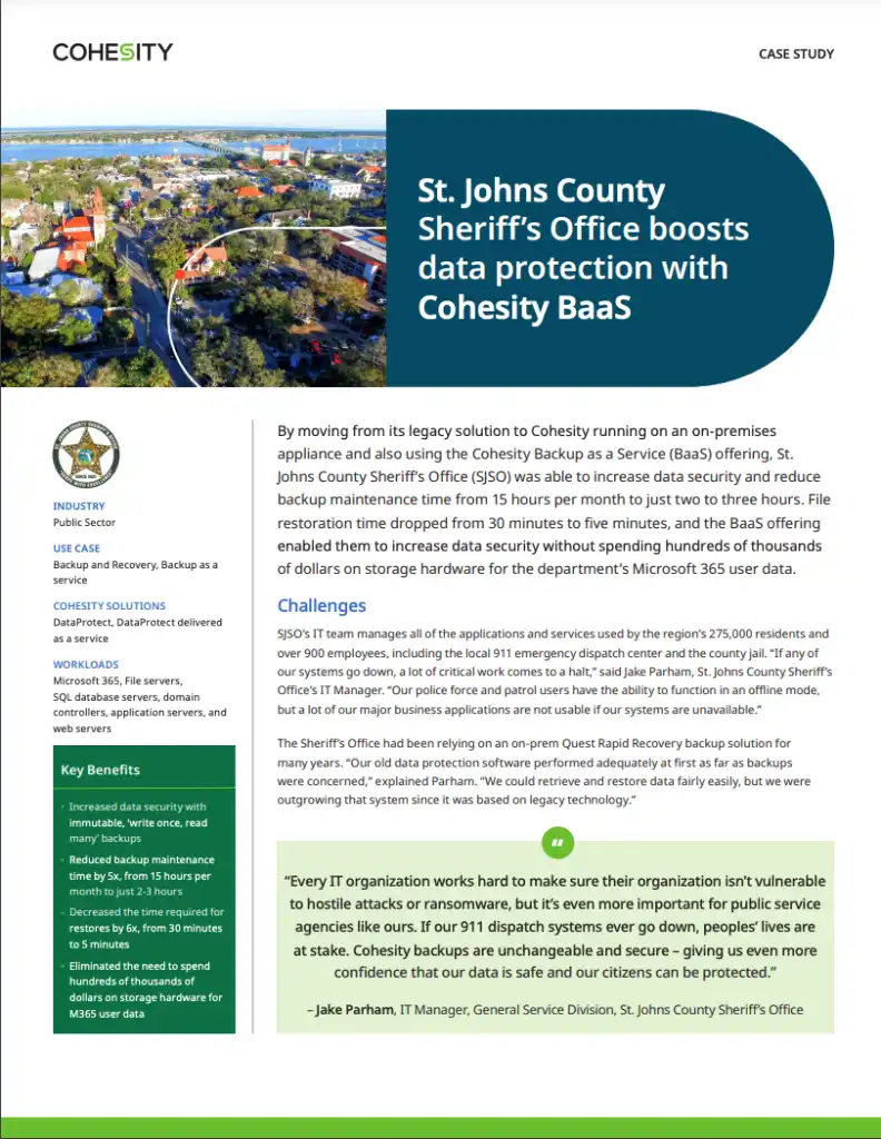 Case Study: St. Johns County Sheriff's Office Boosts Data Protection with Cohesity Backup as a Service