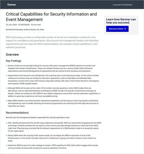 2024 Gartner® Critical Capabilities for Security Information and Event Management